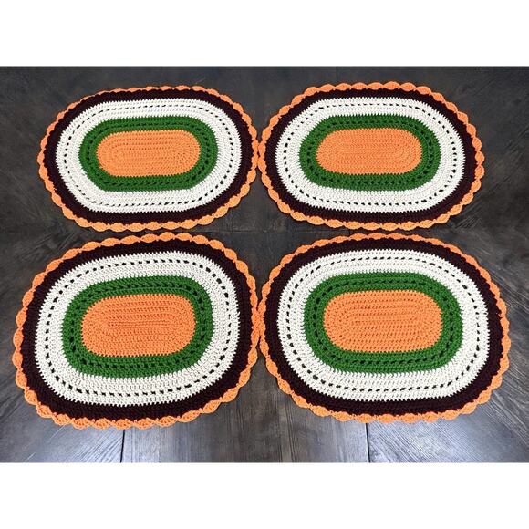 Vtg Set Of 4 BOHO Handmade Crocheted Table Placement Mats Beige Autumn Colors - Picture 6 of 12